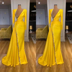 Sexy Long Yellow V-neck Sequined Split Prom Dress With Long Sleeves by misshow.com