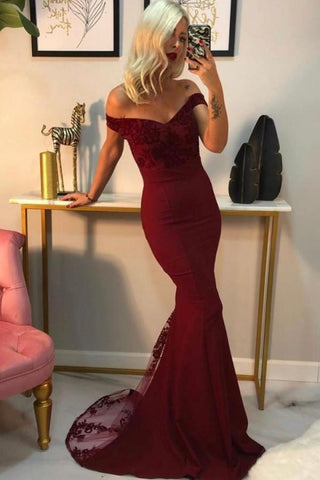 Vestido de fiesta largo sexy de sirena con hombros descubiertos y espalda descubierta con apliques de encaje