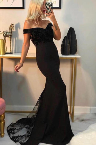 Vestido de fiesta largo sexy de sirena con hombros descubiertos y espalda descubierta con apliques de encaje