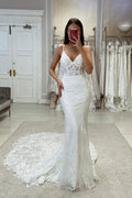 Sexy Mermaid V-neck Spaghetti Straps Lace Sleeveless Wedding Dress by misshow.com