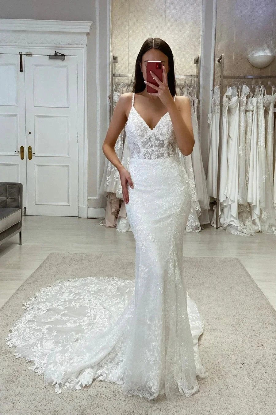 Sexy Mermaid V-neck Spaghetti Straps Lace Sleeveless Wedding Dress by misshow.com
