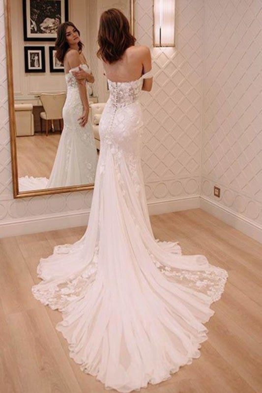 Sexy Off Shoulder Appliqued Beach with Court Train Ivory Elegant Wedding Dresses