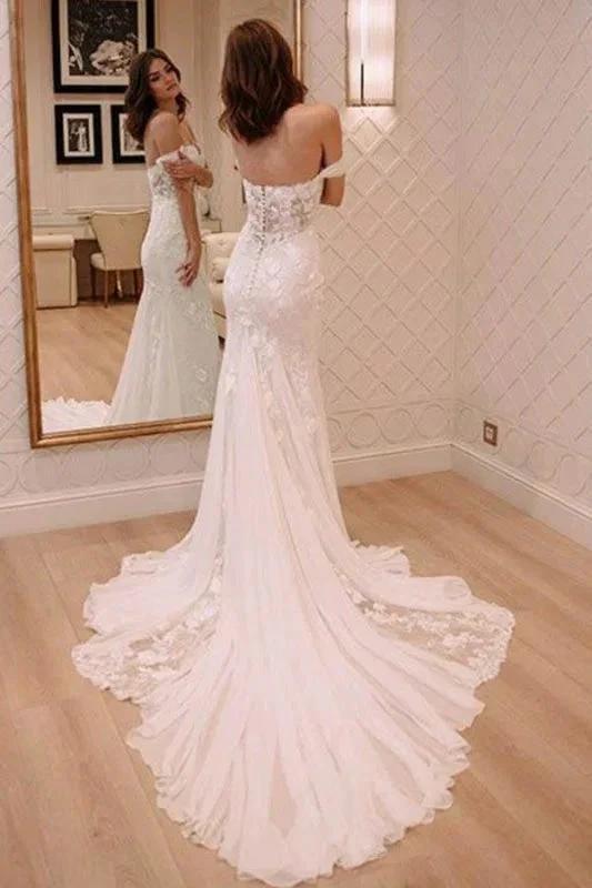Sexy Off Shoulder Appliqued Beach with Court Train Ivory Elegant Wedding Dresses by misshow.com