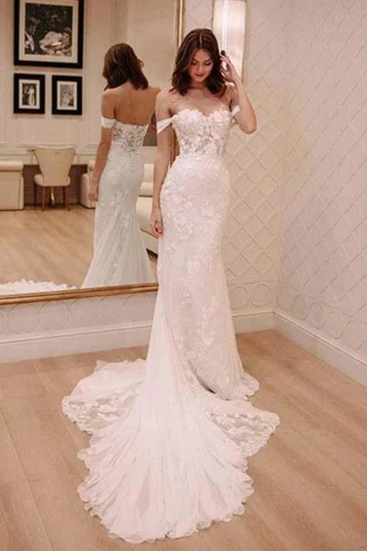 Sexy Off Shoulder Appliqued Beach with Court Train Ivory Elegant Wedding Dresses by misshow.com