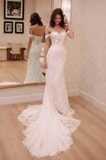 Sexy Off Shoulder Appliqued Beach with Court Train Ivory Elegant Wedding Dresses by misshow.com