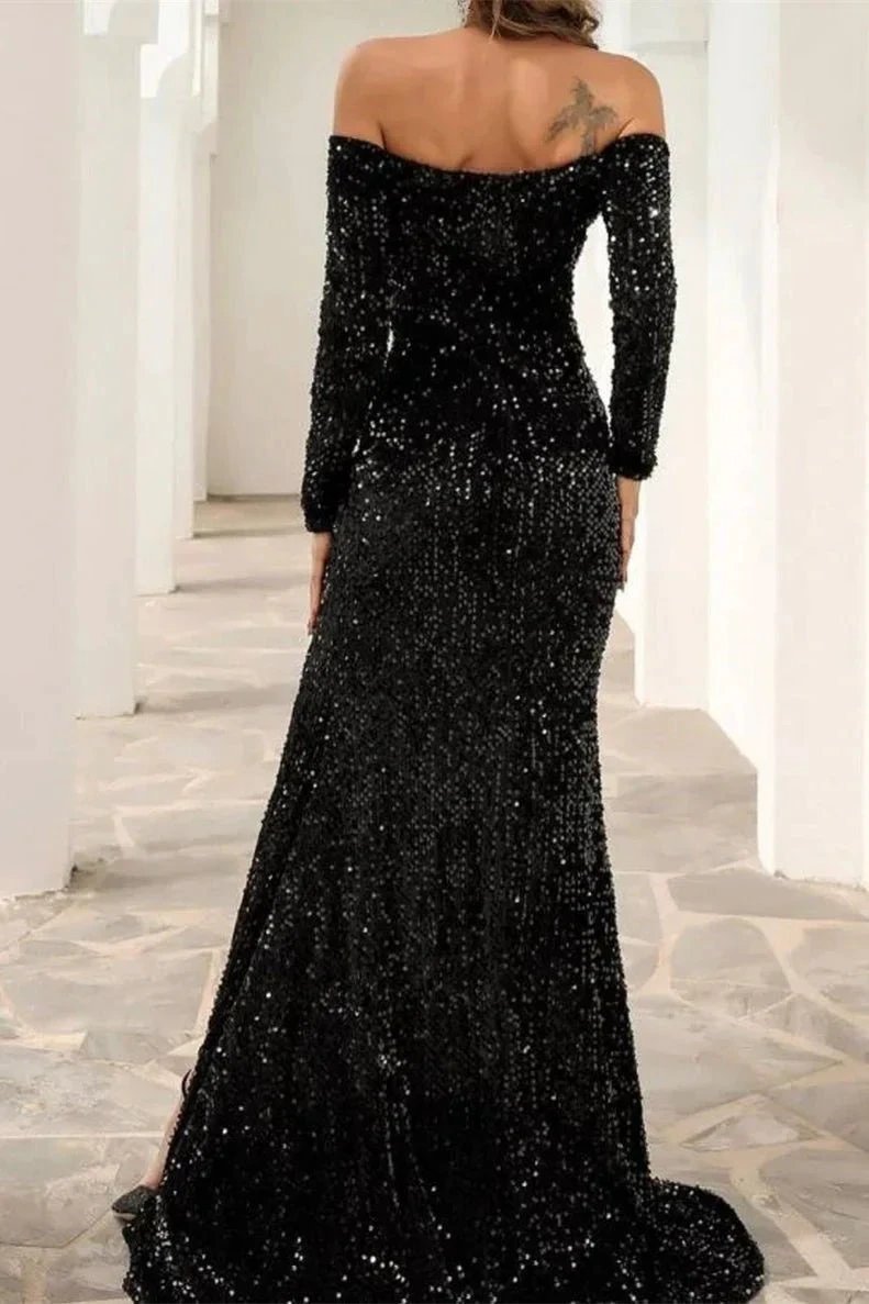 Sexy Off The Shoulder Black Sequined Front-Split Prom Dresses With Long Sleeves by misshow.com