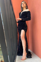 Sexy Off The Shoulder Black Sequined Front-Split Prom Dresses With Long Sleeves by misshow.com