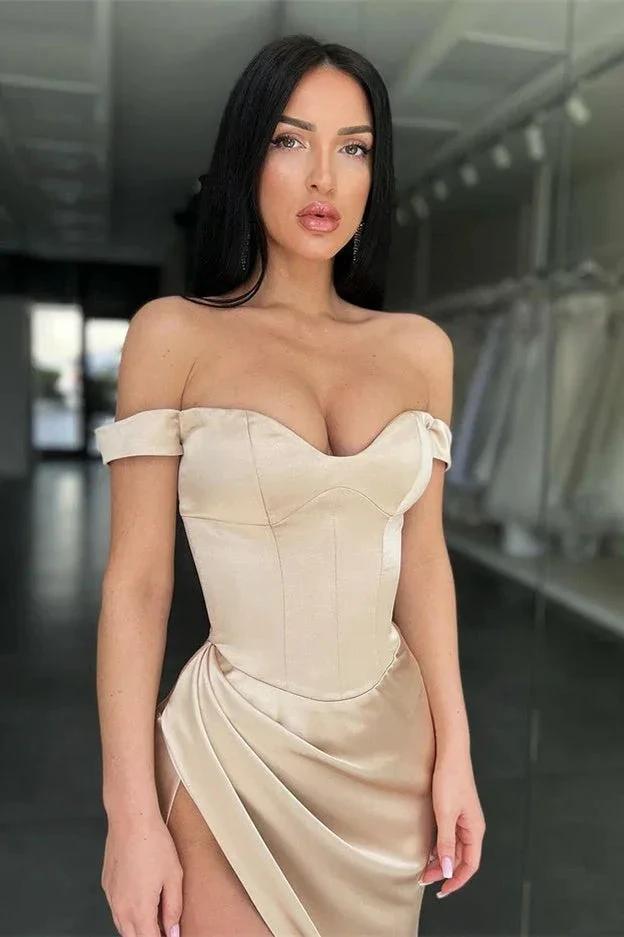 Sexy Off-the-Shoulder Side Slit Satin Long Prom Dress by misshow.com