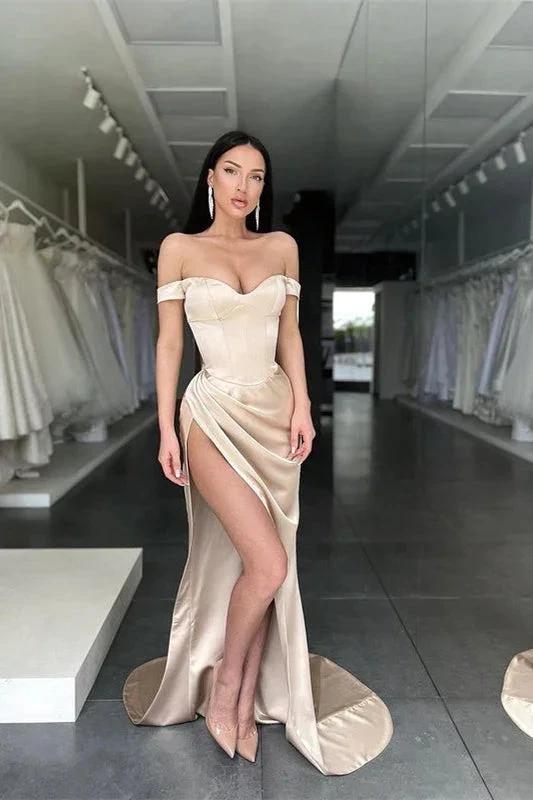 Sexy Off-the-Shoulder Side Slit Satin Long Prom Dress by misshow.com