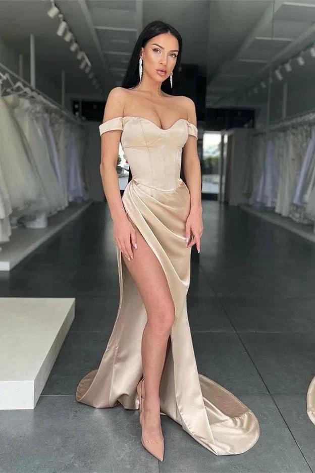 Sexy Off-the-Shoulder Side Slit Satin Long Prom Dress by misshow.com