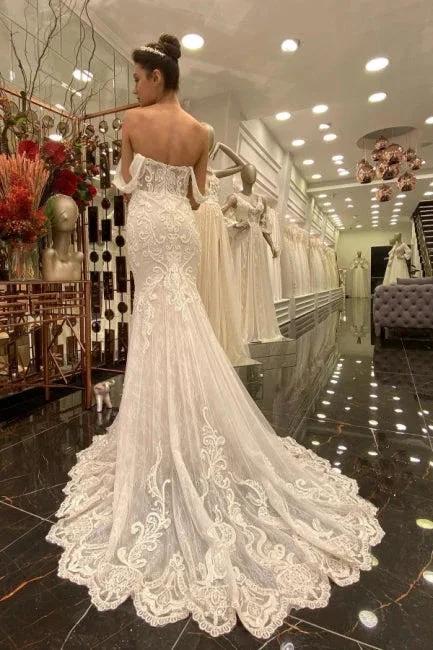 Sexy Off-the-shoulder Sleeveless Mermaid Floor-Length Lace Wedding Dresses with Brush Train by misshow.com