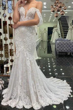 Sexy Off-the-shoulder Sleeveless Mermaid Floor-Length Lace Wedding Dresses with Brush Train by misshow.com