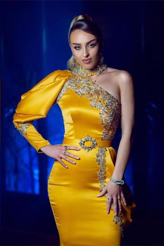 Sexy One Puffy Sleeves Satin Mermaid Prom Dress with Glitter Crystals