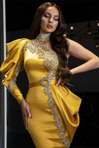 Sexy One Puffy Sleeves Satin Mermaid Prom Dress with Glitter Crystals