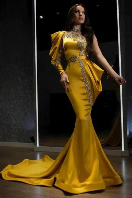 Sexy One Puffy Sleeves Satin Mermaid Prom Dress with Glitter Crystals by misshow.com