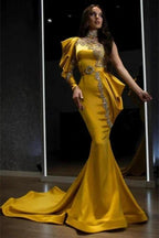 Sexy One Puffy Sleeves Satin Mermaid Prom Dress with Glitter Crystals by misshow.com