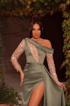 Sexy One Shoulder Beading Split Evening Dresses Long Prom Dresses With Long Sleeves by misshow.com