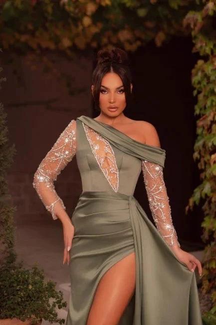 Sexy One Shoulder Beading Split Evening Dresses Long Prom Dresses With Long Sleeves by misshow.com
