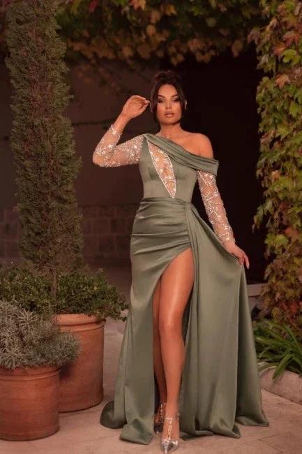 Sexy One Shoulder Beading Split Evening Dresses Long Prom Dresses With Long Sleeves by misshow.com