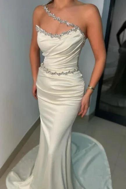 Sexy One-Shoulder Sleeveless Mermaid Long White Prom Dresses by misshow.com