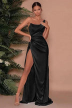 Sexy One Shoulder Slit Long Prom Dress With Satin Side by misshow.com