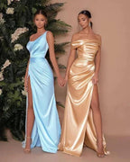 Sexy One Shoulder Slit Long Prom Dress With Satin Side by misshow.com