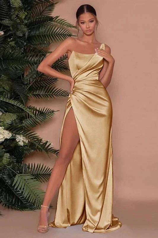 Sexy One Shoulder Slit Long Prom Dress With Satin Side by misshow.com
