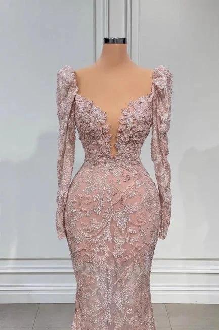 Sexy Pink V-neck Long Sleeves Lace Mermaid Prom Dress Evening Gowns by misshow.com