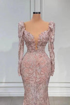 Sexy Pink V-neck Long Sleeves Lace Mermaid Prom Dress Evening Gowns by misshow.com