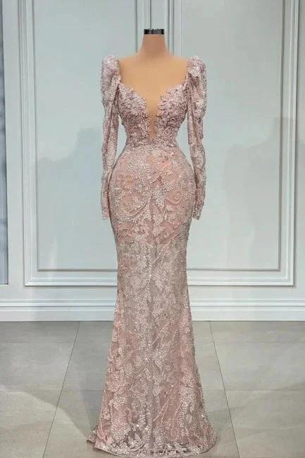 Sexy Pink V-neck Long Sleeves Lace Mermaid Prom Dress Evening Gowns by misshow.com