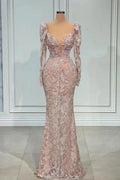 Sexy Pink V-neck Long Sleeves Lace Mermaid Prom Dress Evening Gowns by misshow.com
