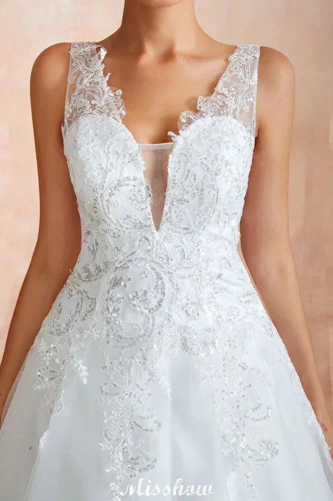 Sexy Pluging V-Neck Wedding Dress Sheer Lace Aline Bridal Gown by misshow.com