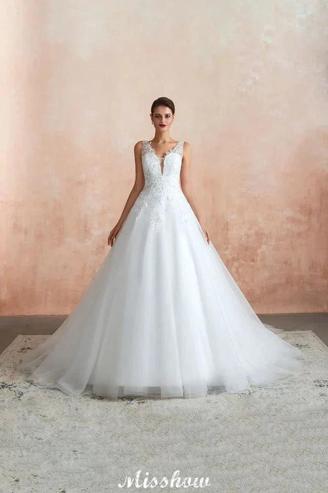 Sexy Pluging V-Neck Wedding Dress Sheer Lace Aline Bridal Gown by misshow.com