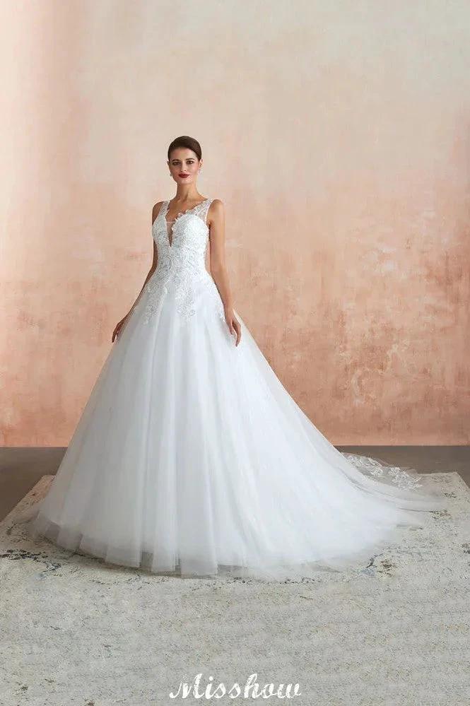 Sexy Pluging V-Neck Wedding Dress Sheer Lace Aline Bridal Gown by misshow.com