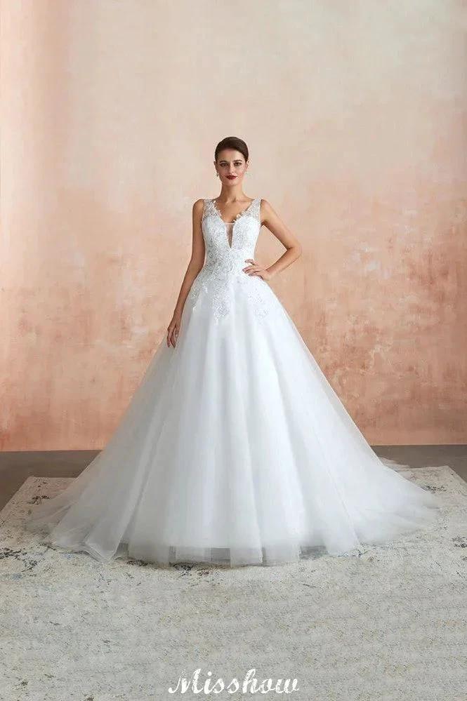 Sexy Pluging V-Neck Wedding Dress Sheer Lace Aline Bridal Gown by misshow.com