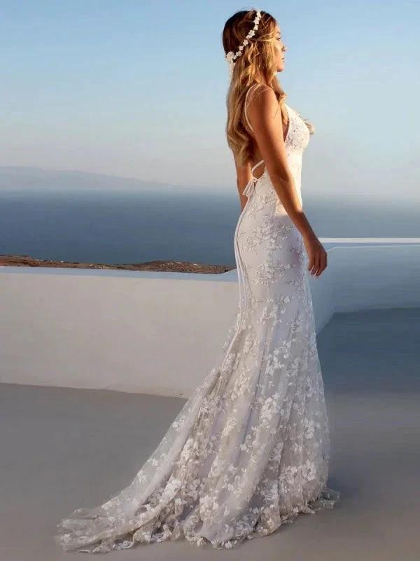 Sexy Pretty Mermaid Elegant Wedding Dresses White V-Neck Backless Lace Bridal Dresses by misshow.com