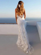 Sexy Pretty Mermaid Elegant Wedding Dresses White V-Neck Backless Lace Bridal Dresses by misshow.com