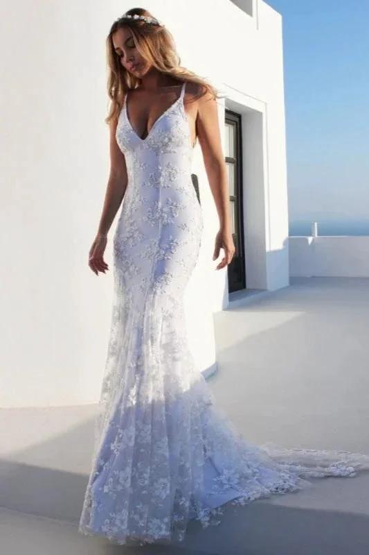 Sexy Pretty Mermaid Elegant Wedding Dresses White V-Neck Backless Lace Bridal Dresses by misshow.com