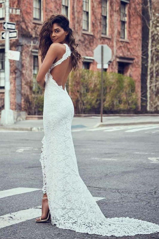 Sexy Pretty Mermaid Jewel Lace Backless With Court Train Beach Elegant Wedding Dresses