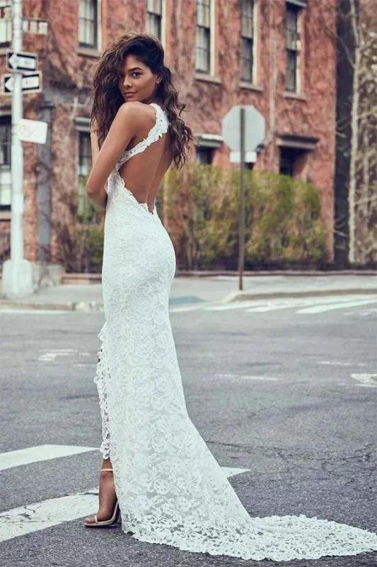 Sexy Pretty Mermaid Jewel Lace Backless With Court Train Beach Elegant Wedding Dresses by misshow.com
