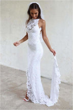Sexy Pretty Mermaid Jewel Lace Backless With Court Train Beach Elegant Wedding Dresses