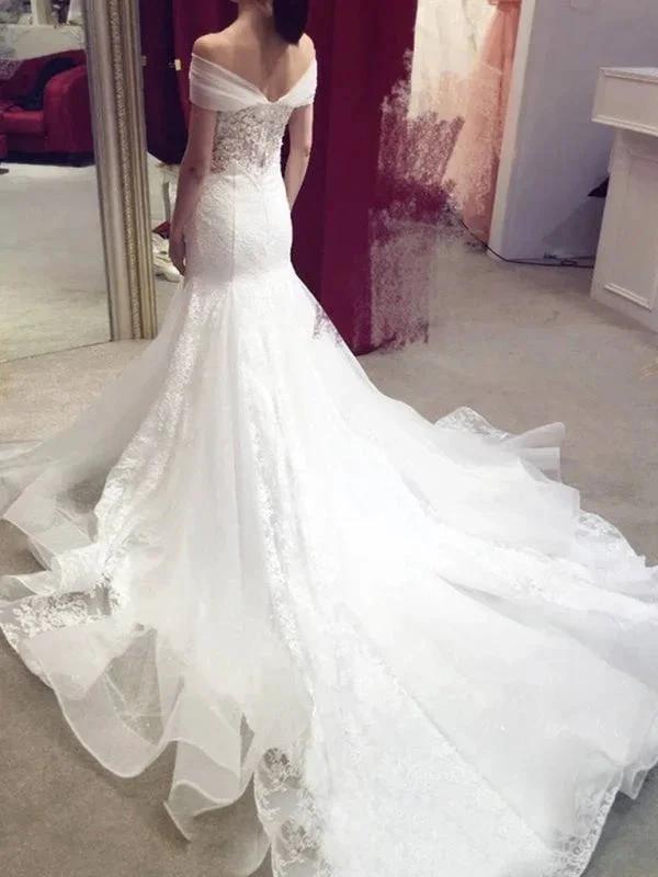 Sexy Pretty Mermaid Off-the-shoulder Chapel Train Lace Applique Elegant Wedding Dresses by misshow.com