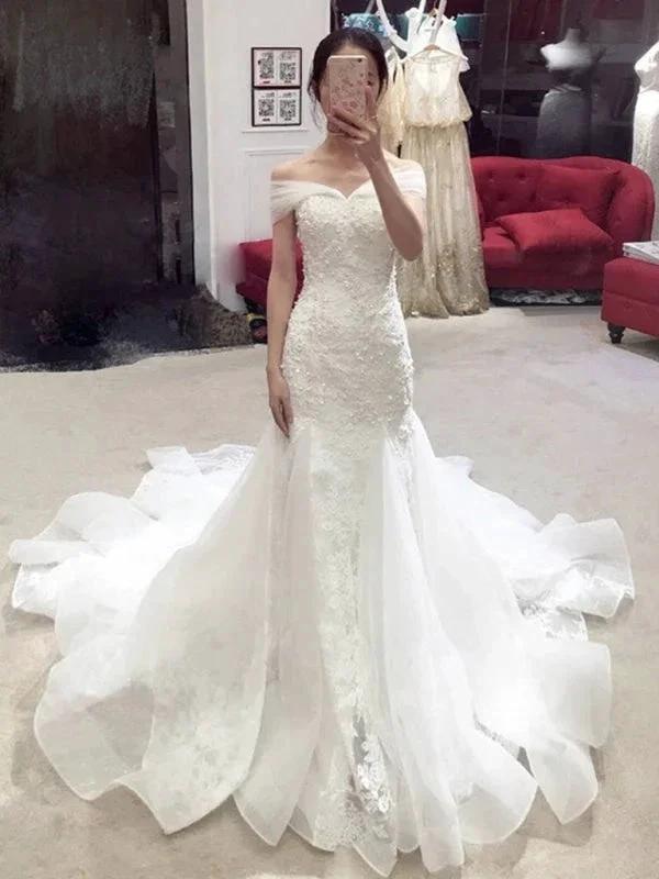 Sexy Pretty Mermaid Off-the-shoulder Chapel Train Lace Applique Elegant Wedding Dresses by misshow.com