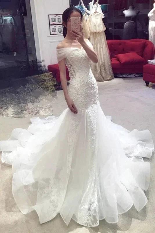 Sexy Pretty Mermaid Off-the-shoulder Chapel Train Lace Applique Elegant Wedding Dresses by misshow.com