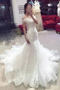 Sexy Pretty Mermaid Off-the-shoulder Chapel Train Lace Applique Elegant Wedding Dresses by misshow.com