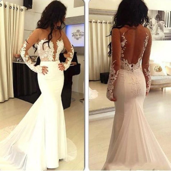 Sexy Pretty Mermaid Open Back Long Sleeve Elegant Wedding Dresses Main Image