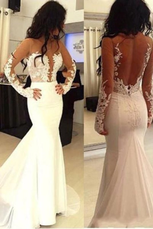 Sexy Pretty Mermaid Open Back Long Sleeve Elegant Wedding Dresses Hover Image
