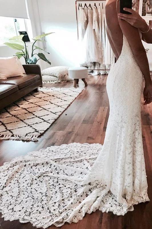 Sexy Pretty Mermaid Spaghetti Straps Backless Beach Lace Elegant Wedding Dresses by misshow.com