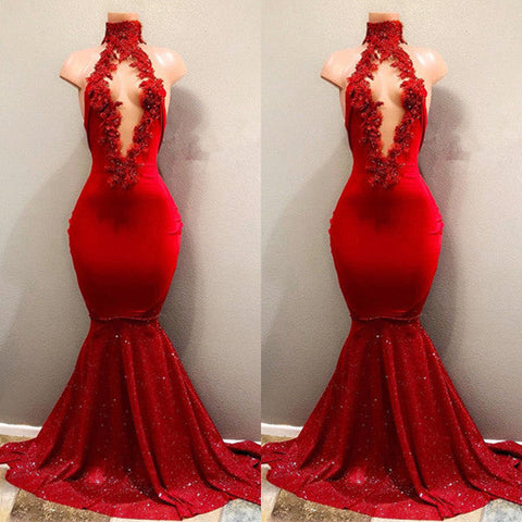 Sexy Red High Neck Mermaid Prom Dress
