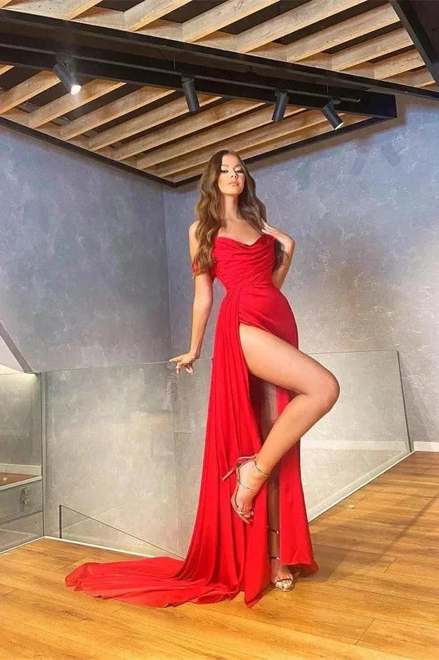Sexy Red Long A-line Off-the-shoulder Formal Prom Dress With Slit by BIZTUNNEL